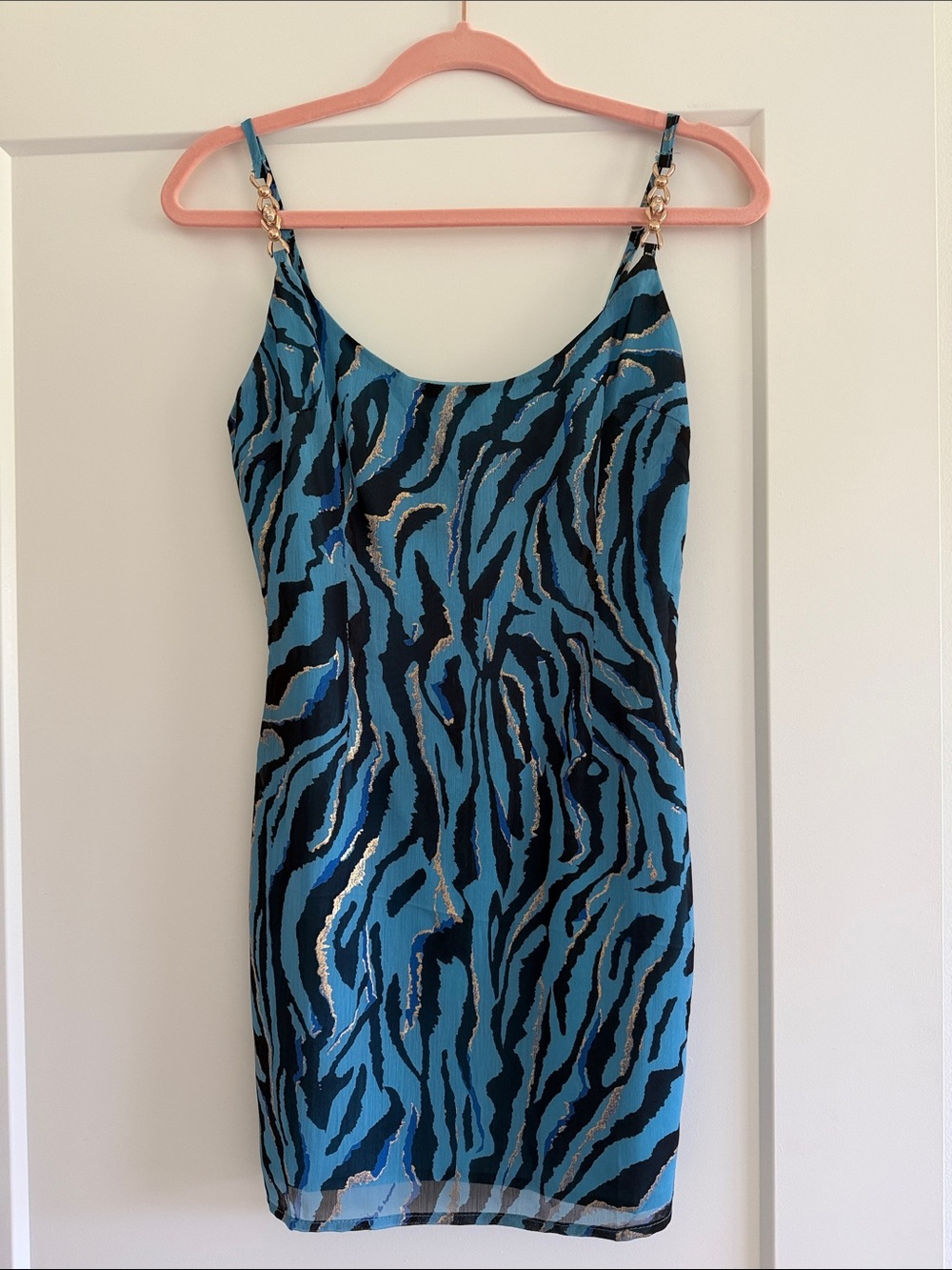 superdown Blue Zebra-Print Mini Dress with Gold Chain Straps